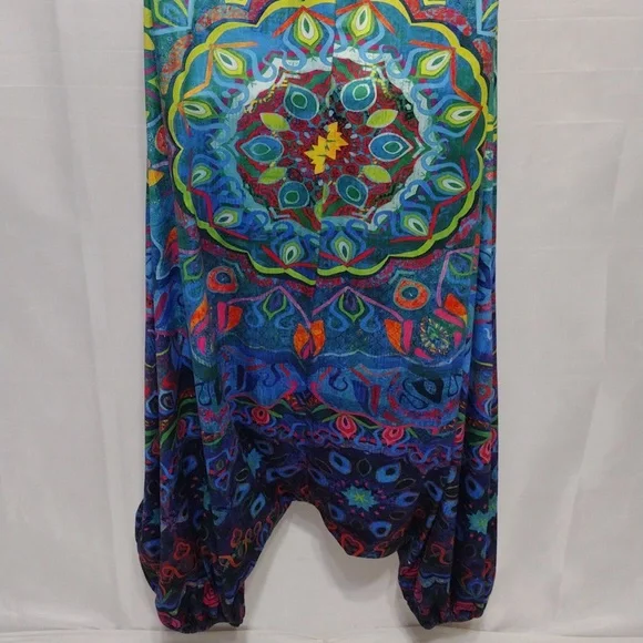 Colorful Boho Drop Crotch Harem Jumpsuit Womens Racerback Festival Yoga Romper L - Picture 10 of 12